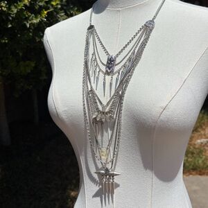 Lucky Brand Layered Silver Statement Necklace Spike & Crystal Bib Grunge Glam